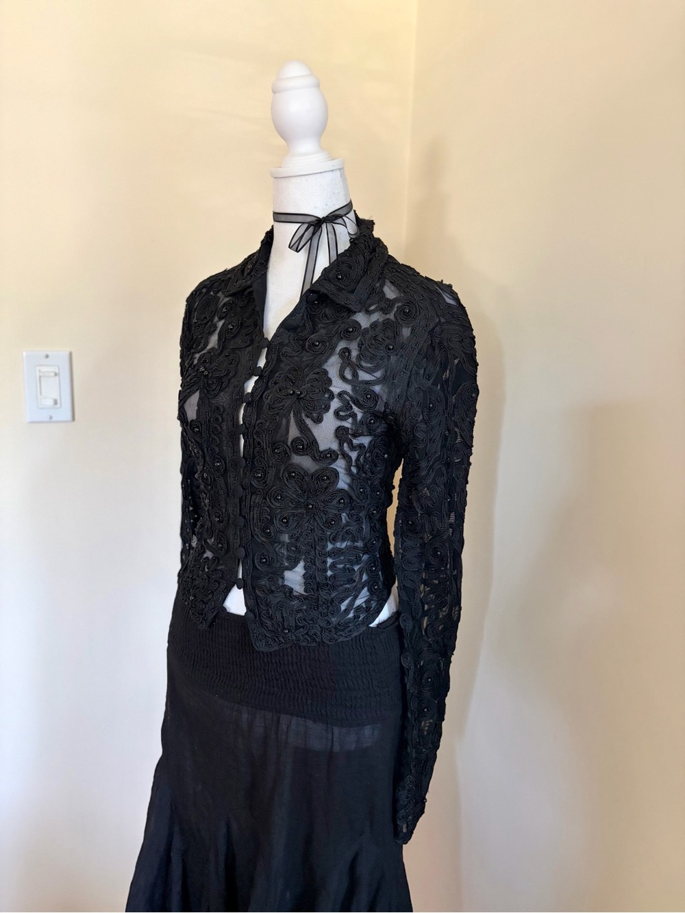 Vintage Y2K Cache beaded embroidered lace formal black blouse goth European M - Picture 5 of 11